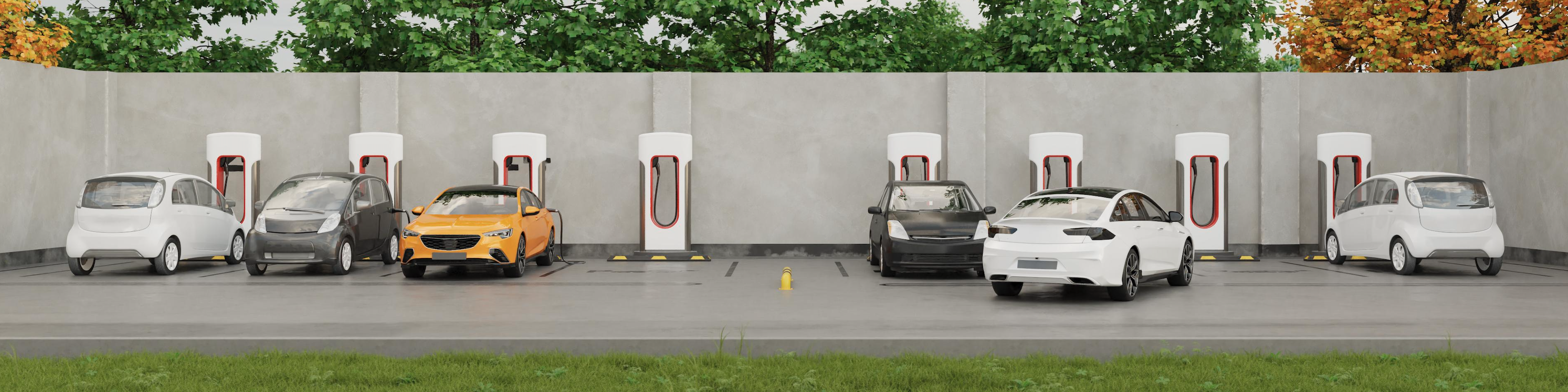 image of parking lot with charging stations for electric cars